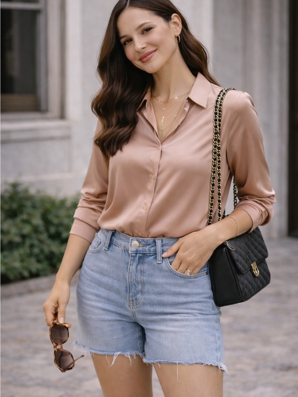 Satin Button-Front Blouse in Champagne